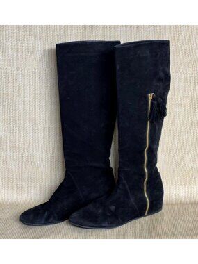 Stuart Weitzman Black Suede Leather Hidden Wedge Tall Tassel Boots Size 9 EUC